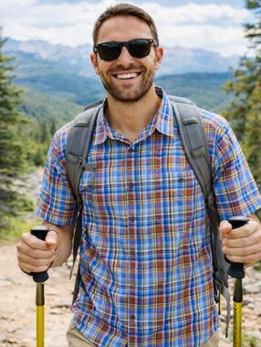 Marmot Men's Short Sleeve Plaid Button-Up Shirt - Blue & Orange